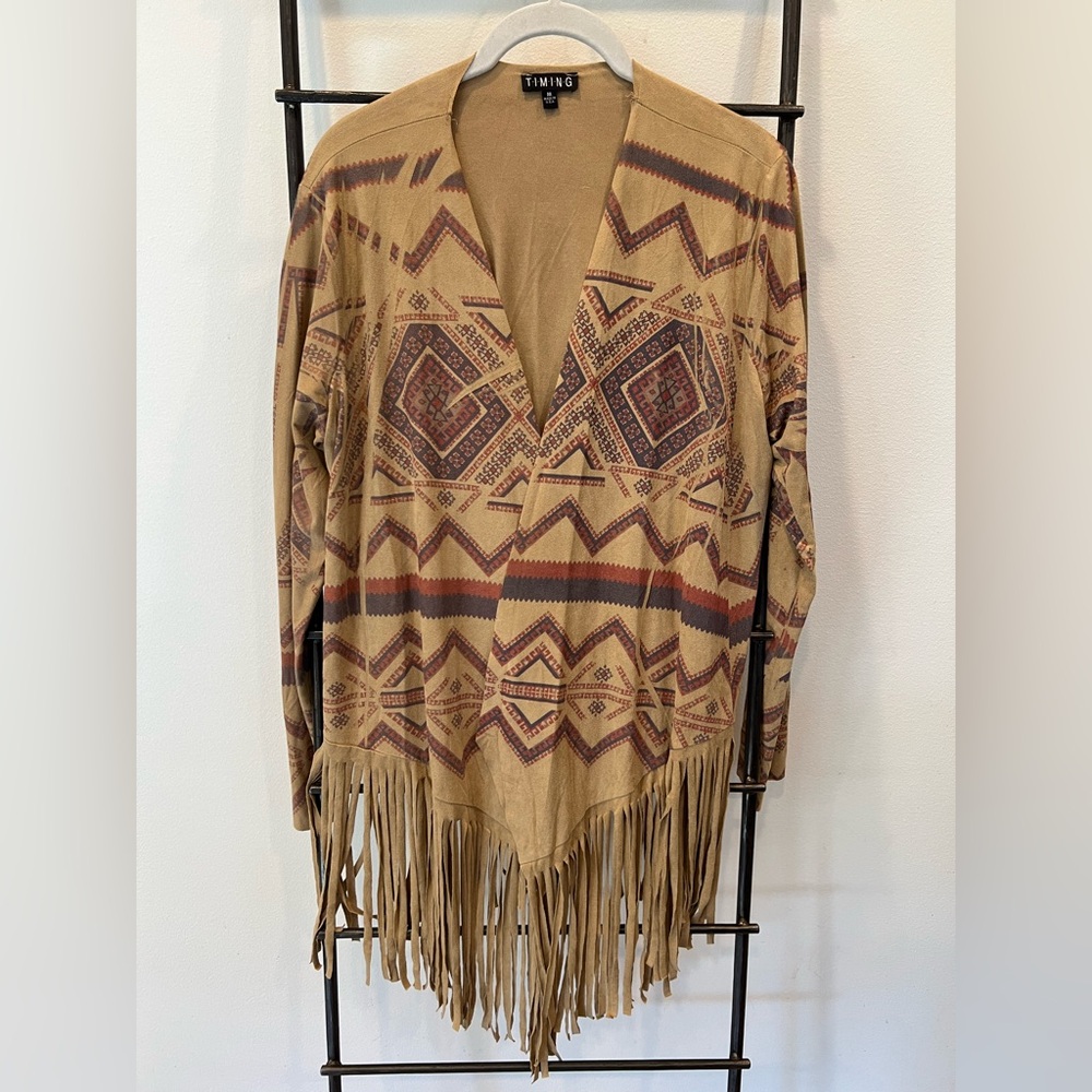 Timing Faux Suede Tan and Brown Geometric Cardigan 🤎